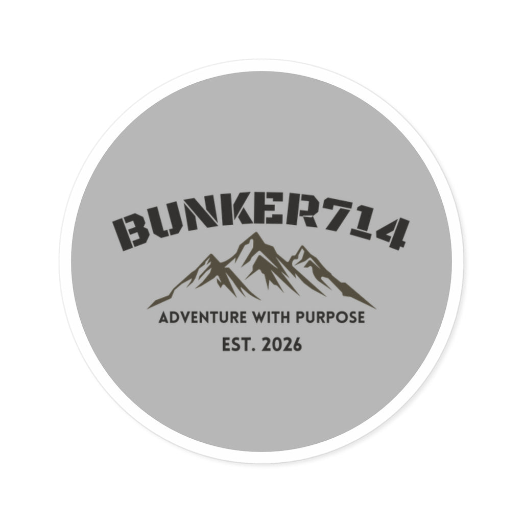 Round Sticker — BUNKER714 Mountain Logo "Adventure With Purpose" (Indoor/Outdoor, Est. 2026)