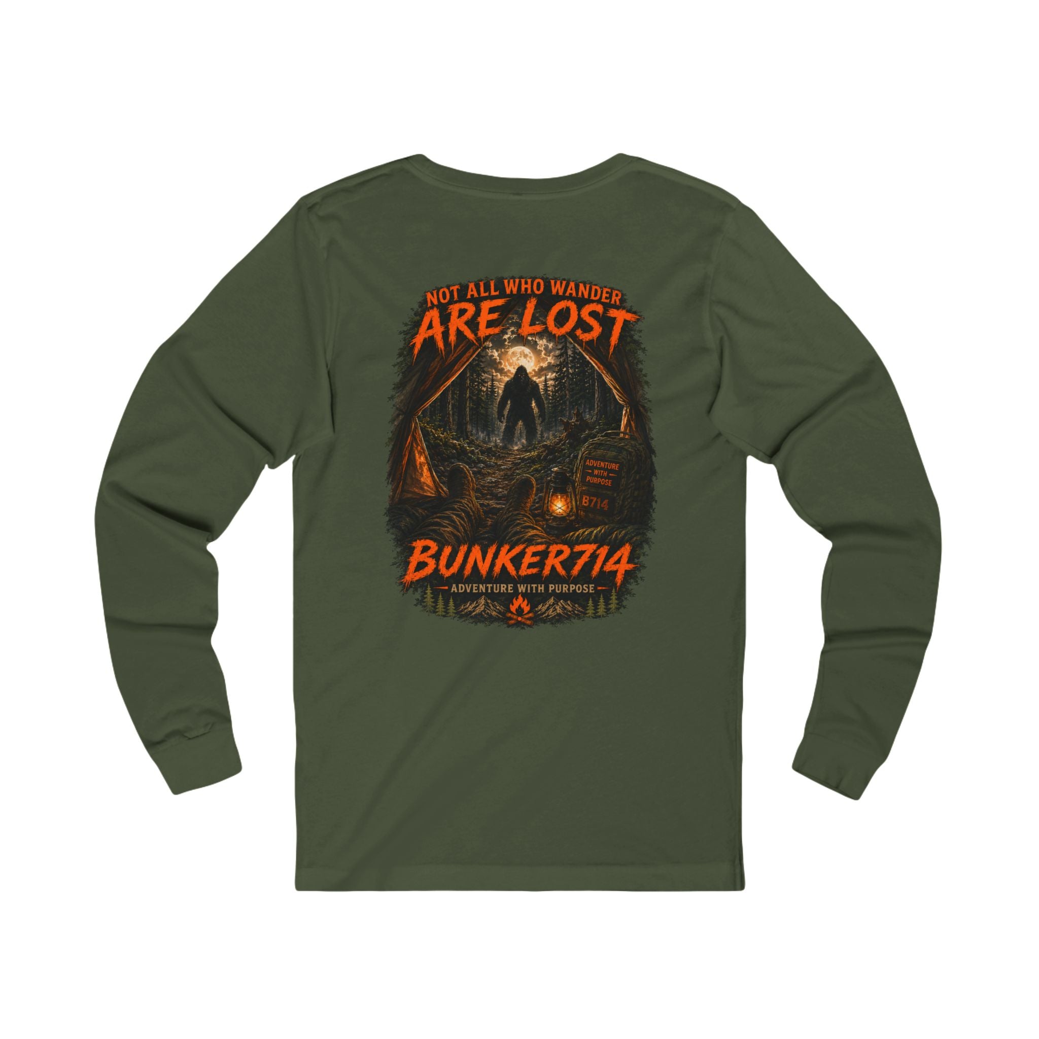 BUNKER714 “Not All Who Wander Are Lost” Bigfoot Camping Long Sleeve T-Shirt