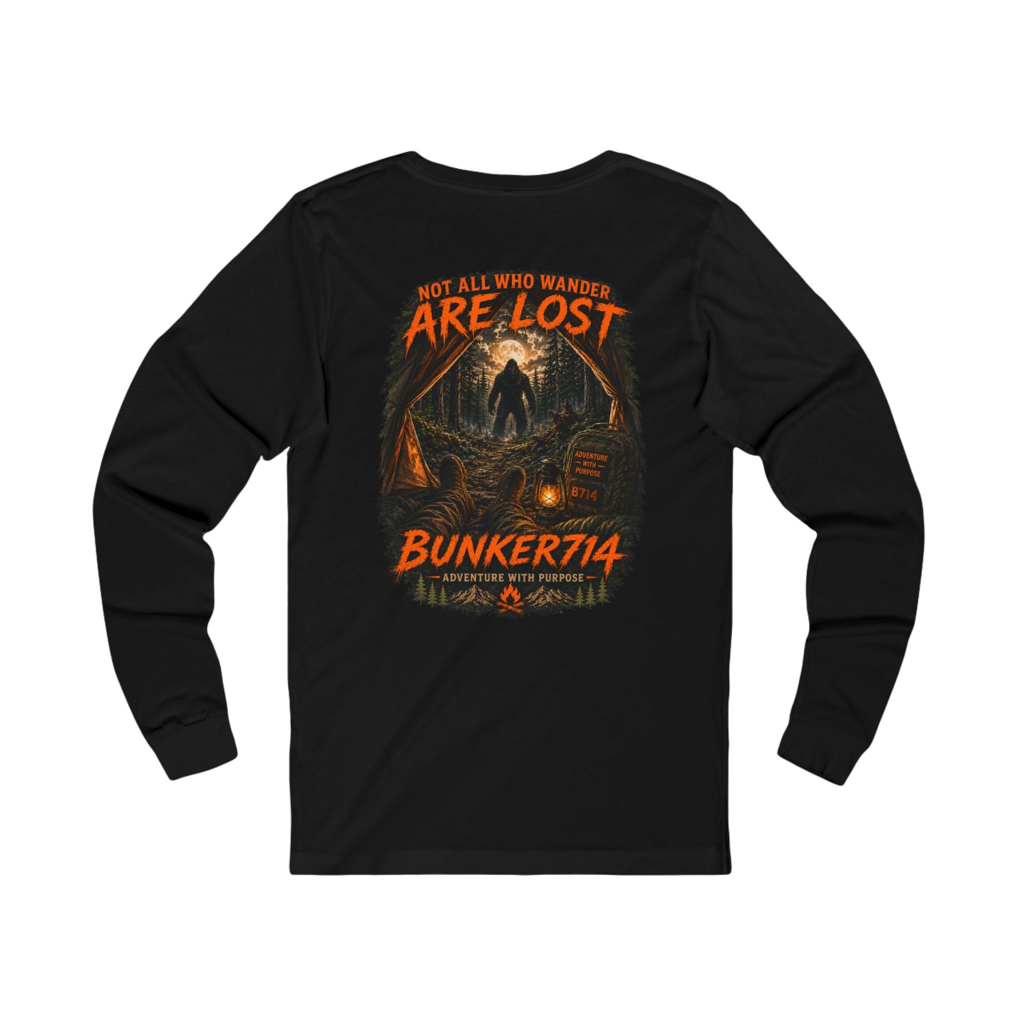 BUNKER714 “Not All Who Wander Are Lost” Bigfoot Camping Long Sleeve T-Shirt