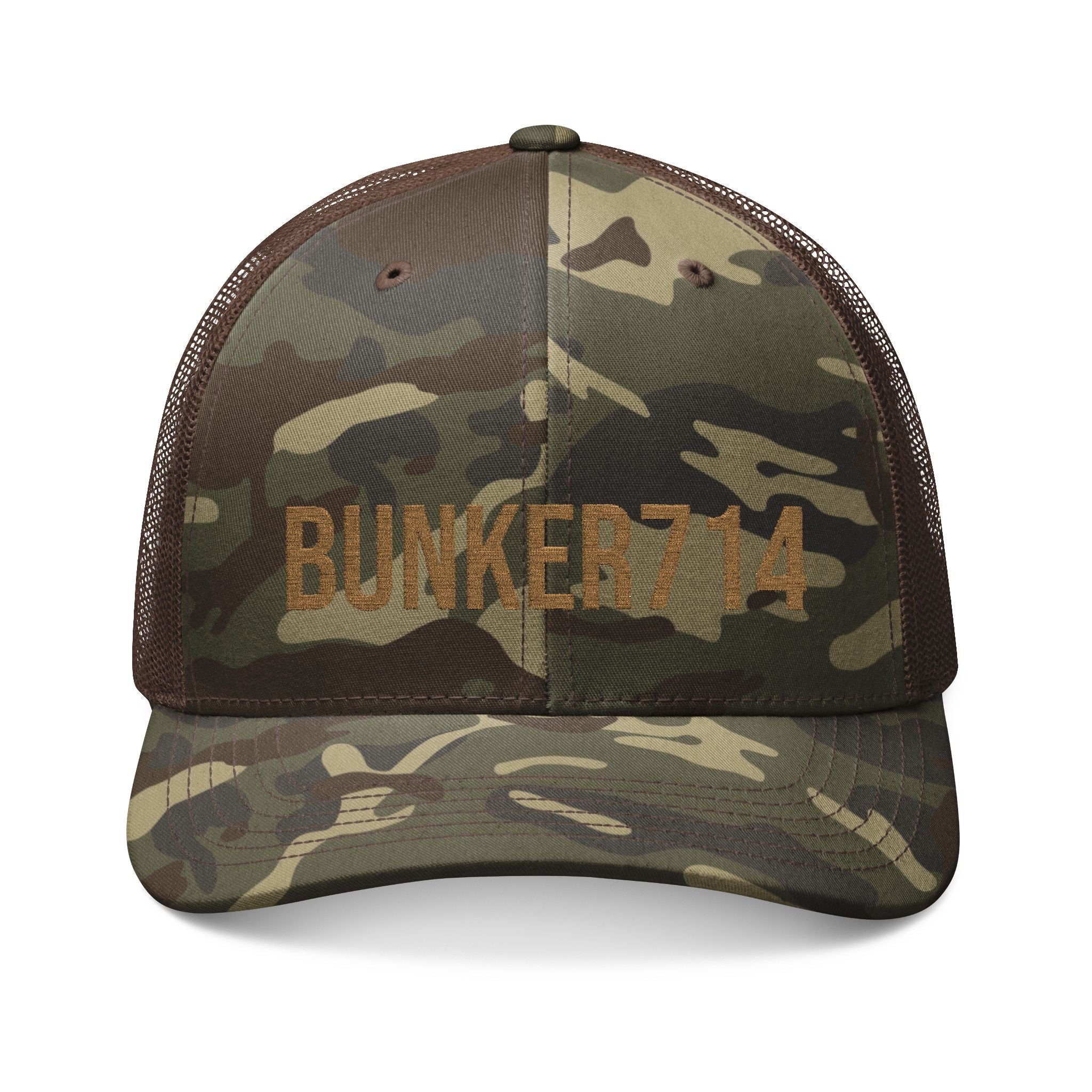 Embroidered Camo Trucker Hat – BUNKER714 Rustic Patch Cap